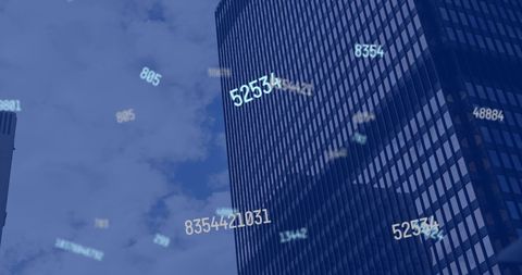 Digital Numbers Falling Over Urban Skyline Representing Connectivity