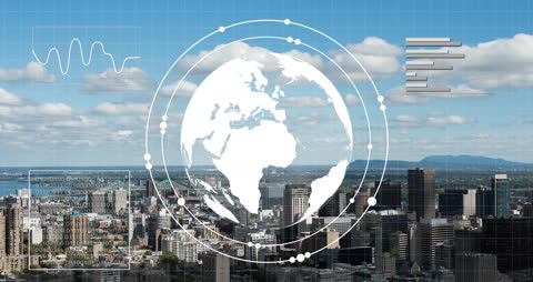Futuristic Globe Overlay over Urban Skyline Digital Concept