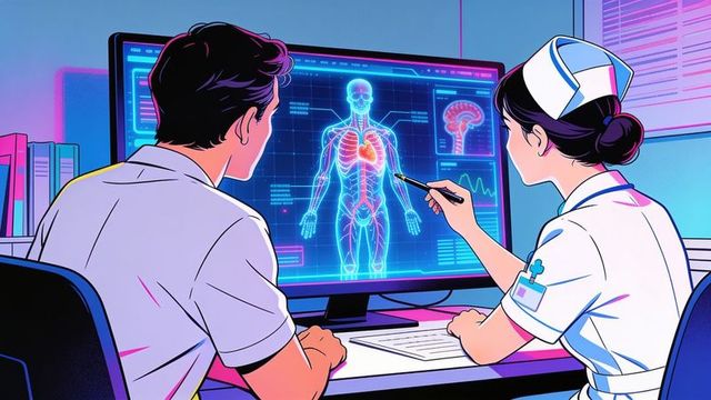Nurse and doctor reviewing holographic human anatomy on neon medical interface