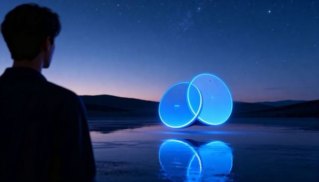 Silhouetted man watching glowing blue discs over reflective water at twilight