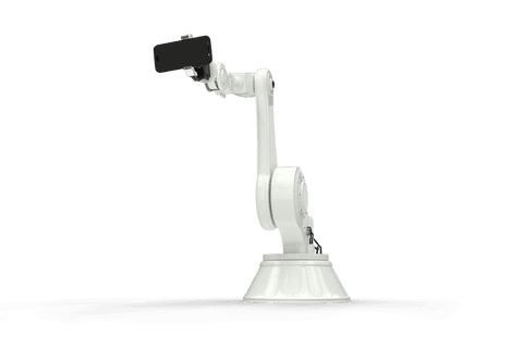 Robotic arm holding smartphone on transparent background