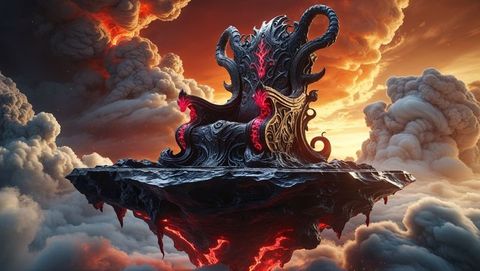 Ornate Black Throne Floating Above Mystical Lava Landscape