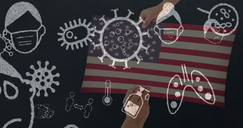 USA Flag with COVID-19 Icons Illustrating Global Pandemic Concept