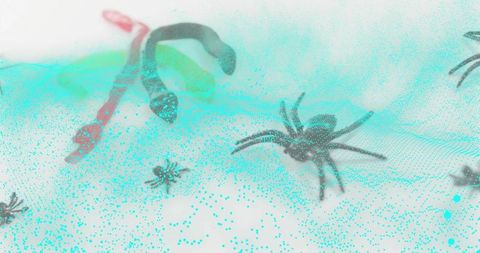 Tarantula Silhouette Crawling through Teal Particle Mesh with Snake Element