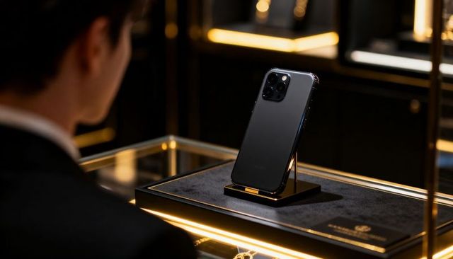 Black premium smartphone displayed on velvet pad in luxury boutique with led reflections