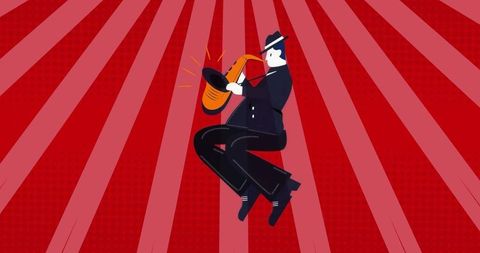 Dynamic Jazz Musician Playing Saxophone on Red Rays Background