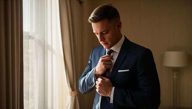 Executive grooming: man in navy suit adjusting tie by window light in hotel room