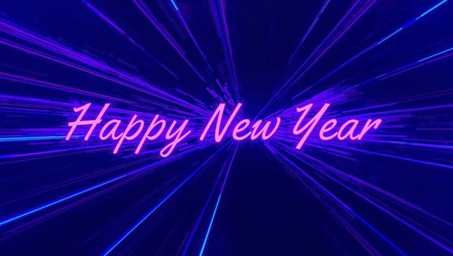 Neon Pink Happy New Year Cursive Text on Blue Radial Light Streaks Starburst Background