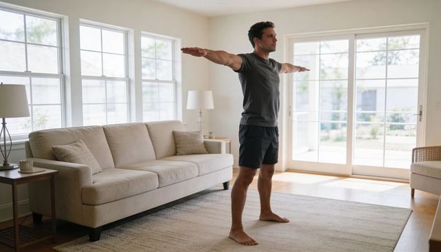 Man stretching in bright living room before home workout, morning sunlight through windows