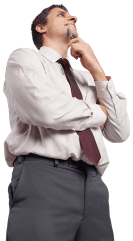 Thoughtful Businessman Holding Pen with Pondering Expression Transparent