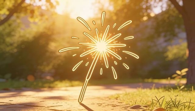Handheld sparkler glowing on park path at golden hour with backlight and bokeh