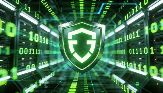 Glowing shield protecting data center with neon binary streams and digital cyber defense