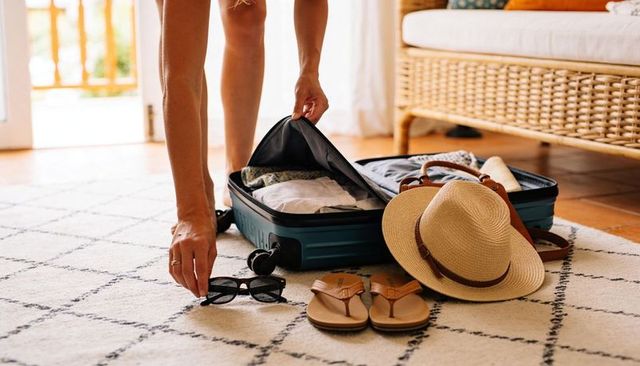 Packing beach getaway: reaching sunglasses from suitcase with straw hat and sandals