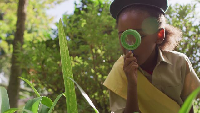 A young African American girl wearing a scout outfit uses a magnifier to explore plants in a lush garden. This scene encapsulates the excitement and curiosity of childhood exploration and the joy of learning outdoors. Perfect for use in campaigns promoting children's education, outdoor activity programs, scouting groups, or leisure and science hobbies.