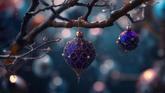 Elegant Purple and Gold Bauble Hanging from Branch Enchanting Holiday Display