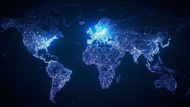 Futuristic Blue World Map Illustrating Global Connectivity