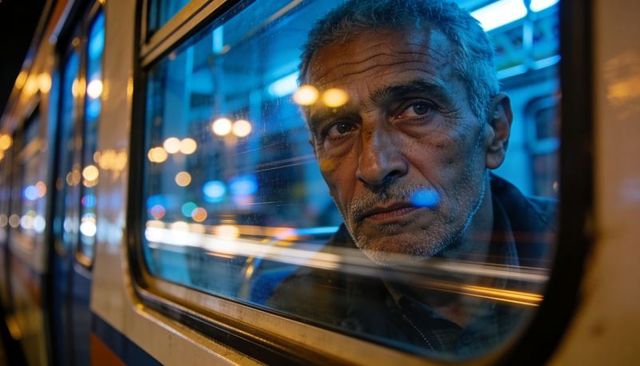 Somber senior commuter gazing through train window at night with city light streaks