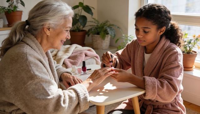 Teen painting senior woman's nails during cozy sunlit at-home manicure and intergenerational bonding