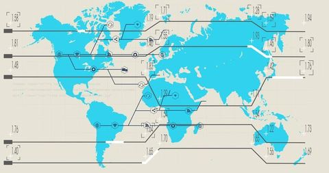 Cyan world map highlighting global data flows with connector lines, numeric labels, infographic