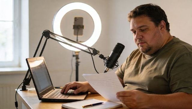 Podcaster recording audio content at home desk with condenser mic and ring light