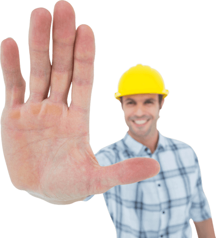transparent view happy carpenter showing open hand in safety gear - Download Free Stock Videos Pikwizard.com