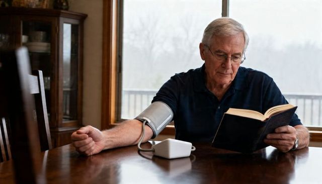 Senior man reading book while monitoring blood pressure at home, calm healthy aging