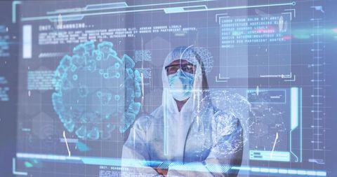 Scientist Analyzing Virus Hologram in Futuristic Lab