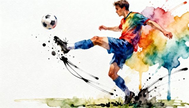 Young athlete kicking soccer ball in vibrant watercolor splash with dynamic ink motion