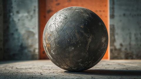 Rugged metal wrecking ball in industrial workshop setting