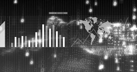 Digital Dashboard with Bar Charts and World Map Overlay