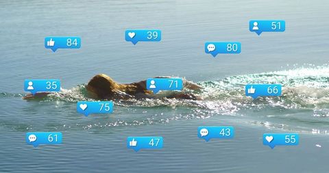 Woman Swimming in Tranquil Water with Social Media Icons Overlay