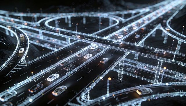 Neon wireframe freeway interchange at night showing connected vehicles and traffic flow