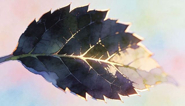 Macro backlit serrated leaf with golden rim light and translucent veins on pastel gradient
