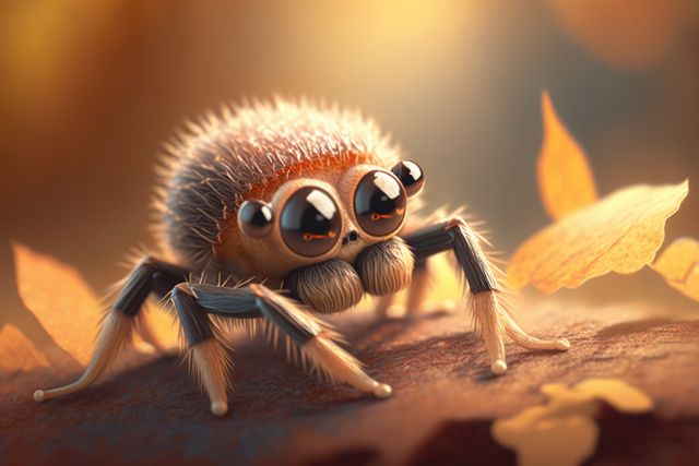 Digital illustration depicts a charming cartoon spider with large, expressive eyes, standing on an autumn leaf with a warm glow in the background. Ideal for children's books, animations, educational materials, or autumn-themed designs. This image can be used to depict cuteness in wildlife illustrations or to evoke a cozy autumn mood.
