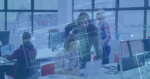 Modern Office Collaboration with Digital Interface Overlay