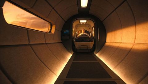 Reclining traveler resting in futuristic sleeping pod inside spacecraft corridor at sunset