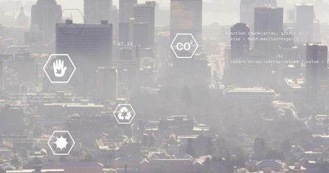 Hazy urban skyline showing smog, hexagonal ui overlays displaying co2 and air quality data
