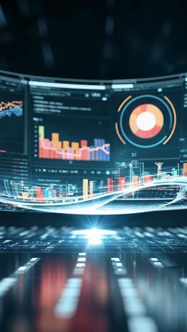 Point-Origin Holographic Dashboard Activating Over Futuristic Grid Floor Vertical UI Clip