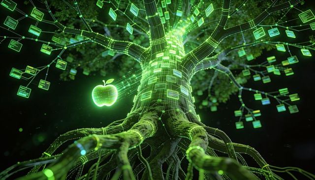 Neon data tree growing digital network with holographic apple and circuitry