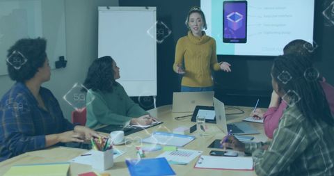 Business Presentation Overlaid with Futuristic 5G and 6G Graphics