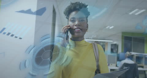 Innovative Businesswoman Using Smartphone with Virtual Graphics Overlay