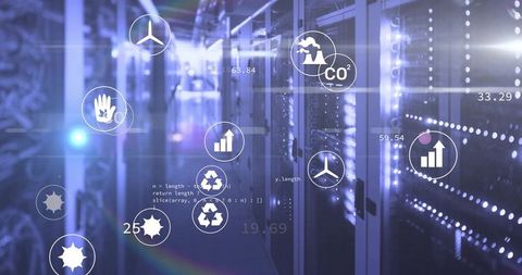 Futuristic data center with eco and code icons glowing