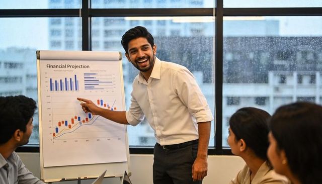 Smiling business presenter presenting financial projection on flip chart in team meeting