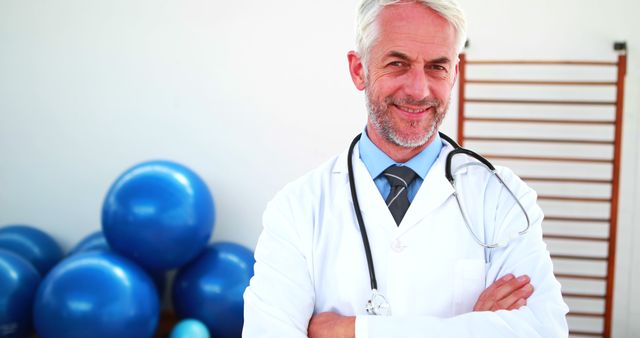 Confident male doctor in clinic standing with crossed arms near fitness balls - Download Free Stock Images Pikwizard.com