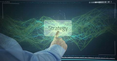 Hand interacting with strategy interface in digital landscape