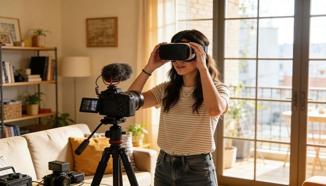 Female creator wearing vr headset creating vr content in home studio with camera, mic