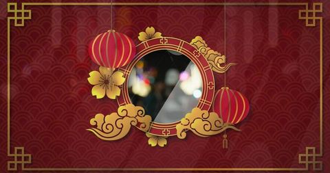 Luxury lanterns and plum blossoms against blurred night lights