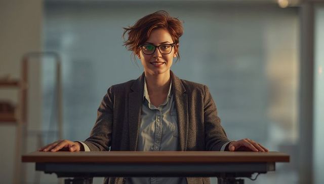Smiling professional woman wearing glasses and sitting at wooden desk in modern office interior