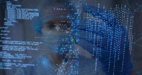 Scientist analyzing data with digital code interface