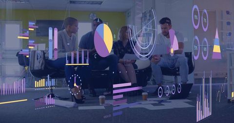 Team collaborating around holographic analytics dashboards while brainstorming data insights